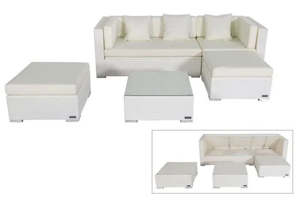 OUTFLEXX Loungemöbel-Set, Weiß, Polyrattan, 5 Personen, Wasserfeste Kissenbox, Inkl. Kaffeetisch 3 OUTFLEXX Loungemöbel-Set, Weiß, Polyrattan, 5 Personen, Wasserfeste Kissenbox, Inkl. Kaffeetisch